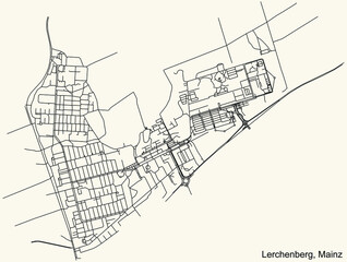 Fototapeta premium Detailed navigation black lines urban street roads map of the LERCHENBERG DISTRICT of the German regional capital city of Mainz, Germany on vintage beige background