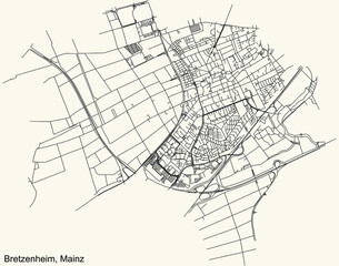 Detailed navigation black lines urban street roads map of the BRETZENHEIM DISTRICT of the German regional capital city of Mainz, Germany on vintage beige background