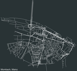 Detailed negative navigation white lines urban street roads map of the MOMBACH DISTRICT of the German regional capital city of Mainz, Germany on dark gray background