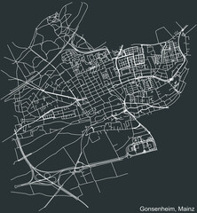 Detailed negative navigation white lines urban street roads map of the GONSENHEIM DISTRICT of the German regional capital city of Mainz, Germany on dark gray background