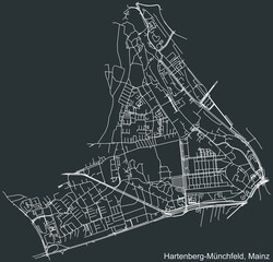 Detailed negative navigation white lines urban street roads map of the HARTENBERG-MÜNCHFELD DISTRICT of the German regional capital city of Mainz, Germany on dark gray background