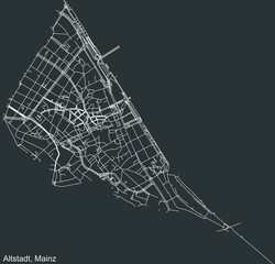 Detailed negative navigation white lines urban street roads map of the ALTSTADT DISTRICT of the German regional capital city of Mainz, Germany on dark gray background
