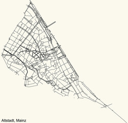 Detailed navigation black lines urban street roads map of the ALTSTADT DISTRICT of the German regional capital city of Mainz, Germany on vintage beige background