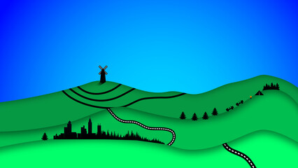 Mountains with roads and buildings