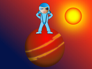 Spaceman out of space on a red planet 