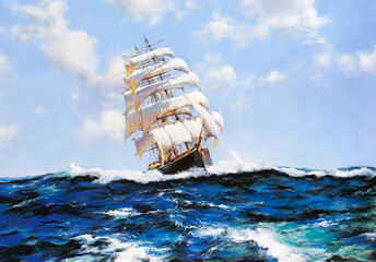 oil painting, seascape, ship in the ocean