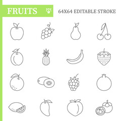 Fruit line icon set, fruits vector collection, logo illustrations, fruit vector icons, outline style pictogram pack, vegetarian editable stroke icons.