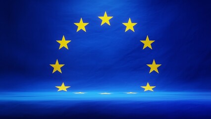 Studio backdrop with draped flag of the European Union for presentation or product display. 3D rendering