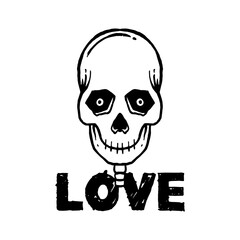 black and white doodle skull love illustration for sticker tattoo poster t-shirt design etc