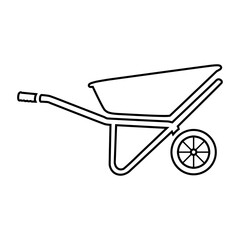 Construction and garden wheelbarrow icon. The black outline of a hand wheelbarrow with handles for transporting various goods. Vector illustration isolated on a white background for design and web.