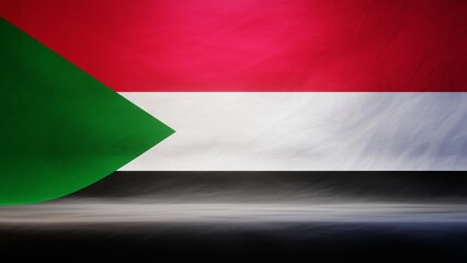 Studio backdrop with draped flag of Sudan for presentation or product display. 3D rendering