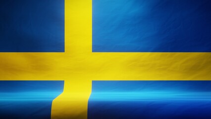 Studio backdrop with draped flag of Sweden for presentation or product display. 3D rendering
