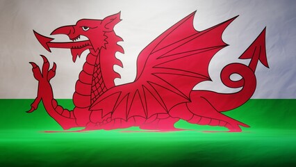 Studio backdrop with draped flag of Wales for presentation or product display. 3D rendering