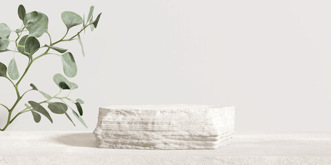 Stone product display podium with nature leaves and branch on brown background. 3D rendering	 - obrazy, fototapety, plakaty