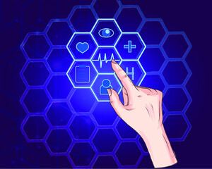 Abstract background hexagon technology concept in blue ,hands out, finger touches, select health icons ,technology modern medical science in future