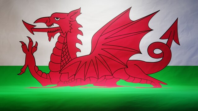 Studio backdrop with draped flag of Wales for presentation or product display. 3D rendering