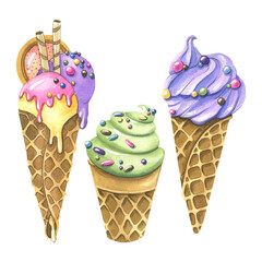 A set of ice cream in waffle cones and a cup. With pastry sprinkles. Watercolor illustration. Isolated objects from a large set of ICE CREAM. For decoration and design, composition.