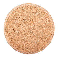 Round cork board isolated on white background, close up. Cork table coaster. File contains clipping paths.