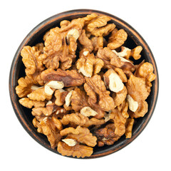 Plate with tasty walnuts isolated on a white background, close up. File contains clipping paths. Top view.