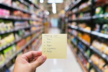 Hand holding a yellow note with hand writing shopping list in blur supermarket aisle background