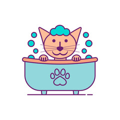 Naklejka premium The cat having bath. The cat is washing in the bathtub. Outline and line style. Isolated colored vector illustration on white background.