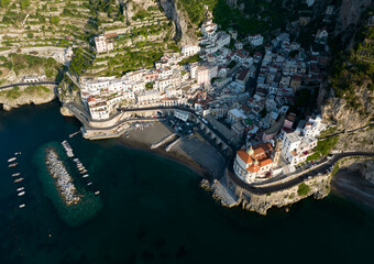 View from above, stunning aerial view of the village of Atrani. Atrani is a city and comune on the...
