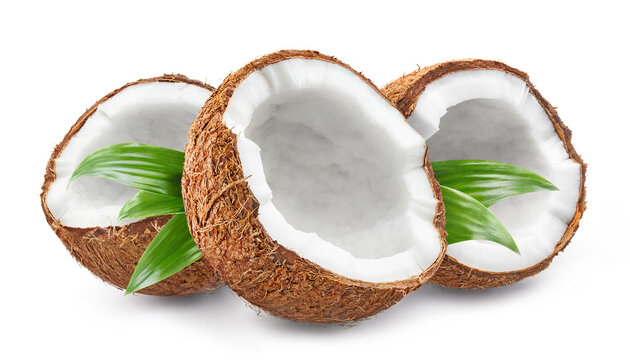 Delicious coconuts with leaves, isolated on white background