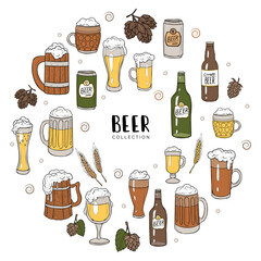 Vector set of hand driwing bottles, cans, and muds of beers. Colorful elements different shapes isolated on white backgrount. Doodle and cartoon style. Cafe bar menu decorations and illustrations.