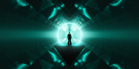 Dark abstract Sci Fi Circle and Triangle background. Man Standing. Glowing Light Rays. 3d Rendering © edb3_16