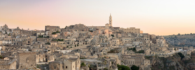 Stunning view of the village of Matera during a beautiful sunrise. Matera is a city on a rocky outcrop in the region of Basilicata, in southern Italy.