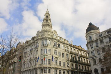 Fototapeta na wymiar Facade of beautiful building on the Liberty Square in Porto, Portugal