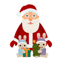 Vector Santa Claus and rabbits (hares).  Cute bunnies with Santa Claus.  Hares with a Christmas tree and a gift.  Isolated on a white background. Christmas banner. Merry Christmas and Happy New Year.