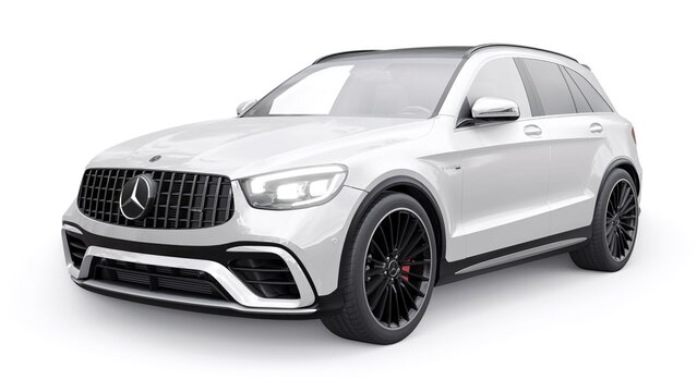 Paris. France. May 02, 2022. Mercedes-Benz GLC 63 AMG 2021. An expensive, ultra-fast sports SUV white car for exciting driving in the city, highway, race track on a white background. 3d rendering.