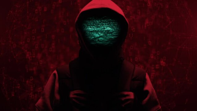 Computer hacker with hoodie. Computer abstract digital code at the background. Darknet fraud and cryptocurrency bitcoin concept. Cybersecurity and data protection in social network