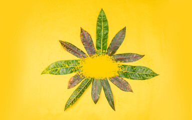 banners set with green tropical leaves round frame on yellow background. Exotic botanical design. Illustration for invitation, wedding or greeting cards isolated on a yellow background.