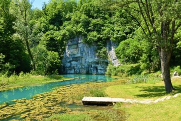 Spring of Krupa river coming from under a rock wall in Bela Krajina, Dolenjska, Slovenia