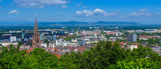 Overview of the Munster Cathedral of Our Lady and the city of Freiburg. Baden Wuerttemberg,...