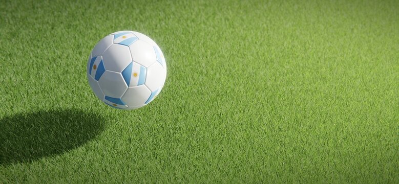 Football or soccer ball design with flag of Argentina against grass pitch backdrop. 3D rendering
