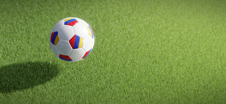 Football or soccer ball design with flag of Armenia against grass pitch backdrop. 3D rendering