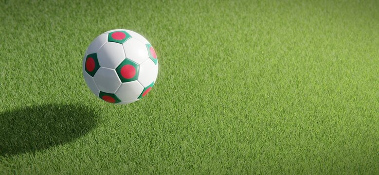 Football or soccer ball design with flag of Bangladesh against grass pitch backdrop. 3D rendering