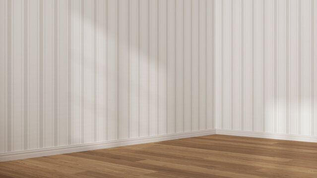 Empty room interior design in white and beige tones, open space with parquet wooden floor, striped wallpaper, classic architecture concept idea © ArchiVIZ