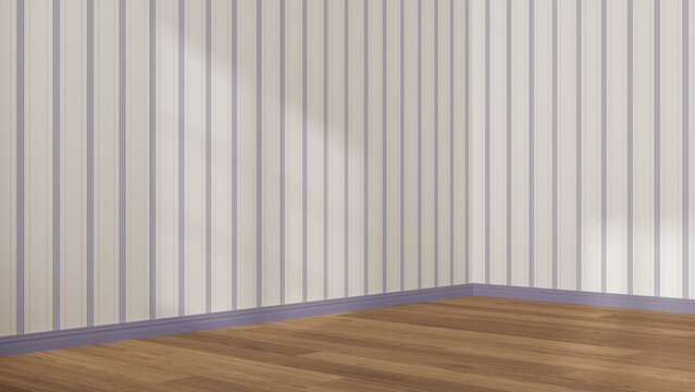 Empty room interior design in white and purple tones, open space with parquet wooden floor, striped wallpaper, classic architecture concept idea © ArchiVIZ