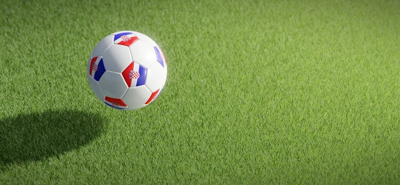 Football or soccer ball design with flag of Croatia against grass pitch backdrop. 3D rendering