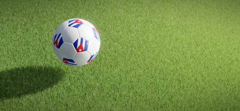 Football or soccer ball design with flag of Cuba against grass pitch backdrop. 3D rendering