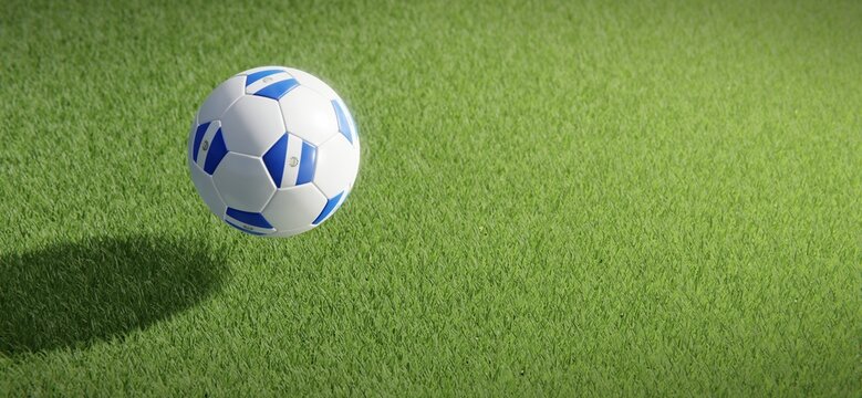 Football or soccer ball design with flag of El Salvador against grass pitch backdrop. 3D rendering