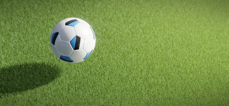 Football or soccer ball design with flag of Estonia against grass pitch backdrop. 3D rendering
