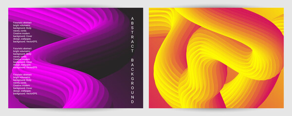 Set of futuristic abstract bright volumetric backgrounds. Body waves, cords. Creative modern background. Cover design, wallpaper, background. Vector EPS.
