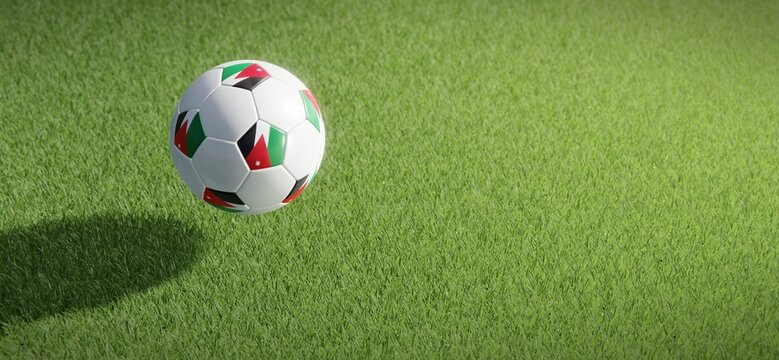 Football or soccer ball design with flag of Jordan against grass pitch backdrop. 3D rendering