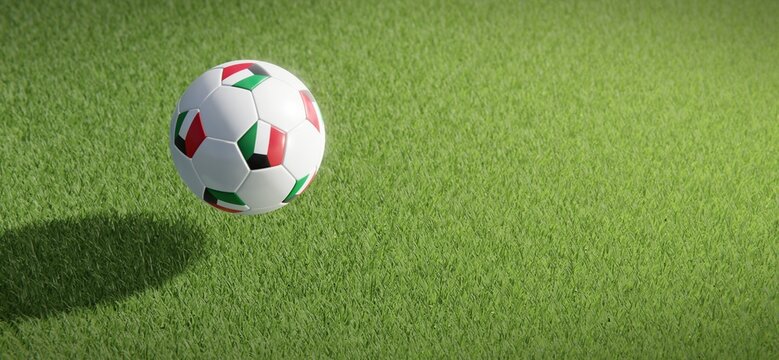 Football or soccer ball design with flag of Kuwait against grass pitch backdrop. 3D rendering