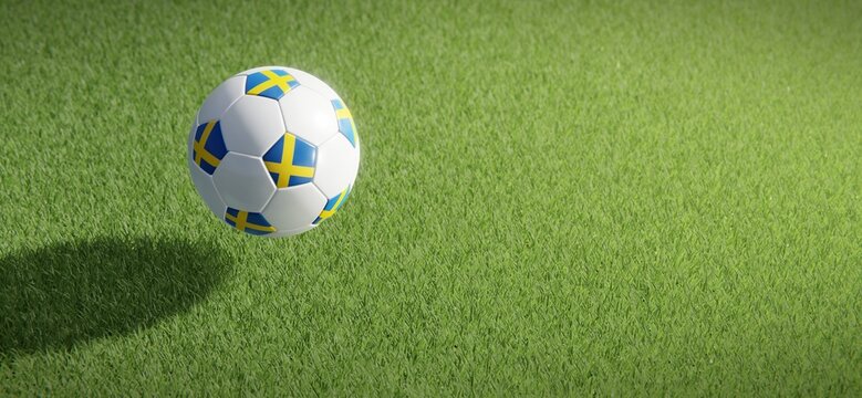 Football or soccer ball design with flag of Sweden against grass pitch backdrop. 3D rendering